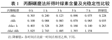 表1 丙酮碾磨法所得葉綠素含量及光穩定性比較