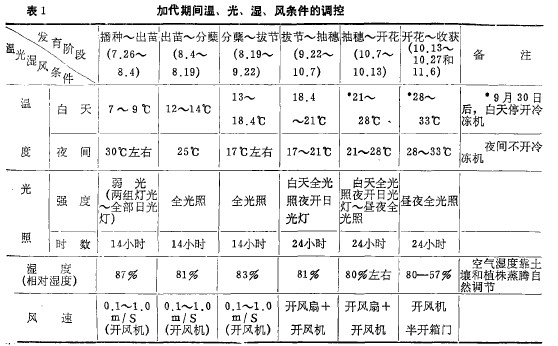 表1加代期間溫、光、濕、風(fēng)條件的調(diào)控
